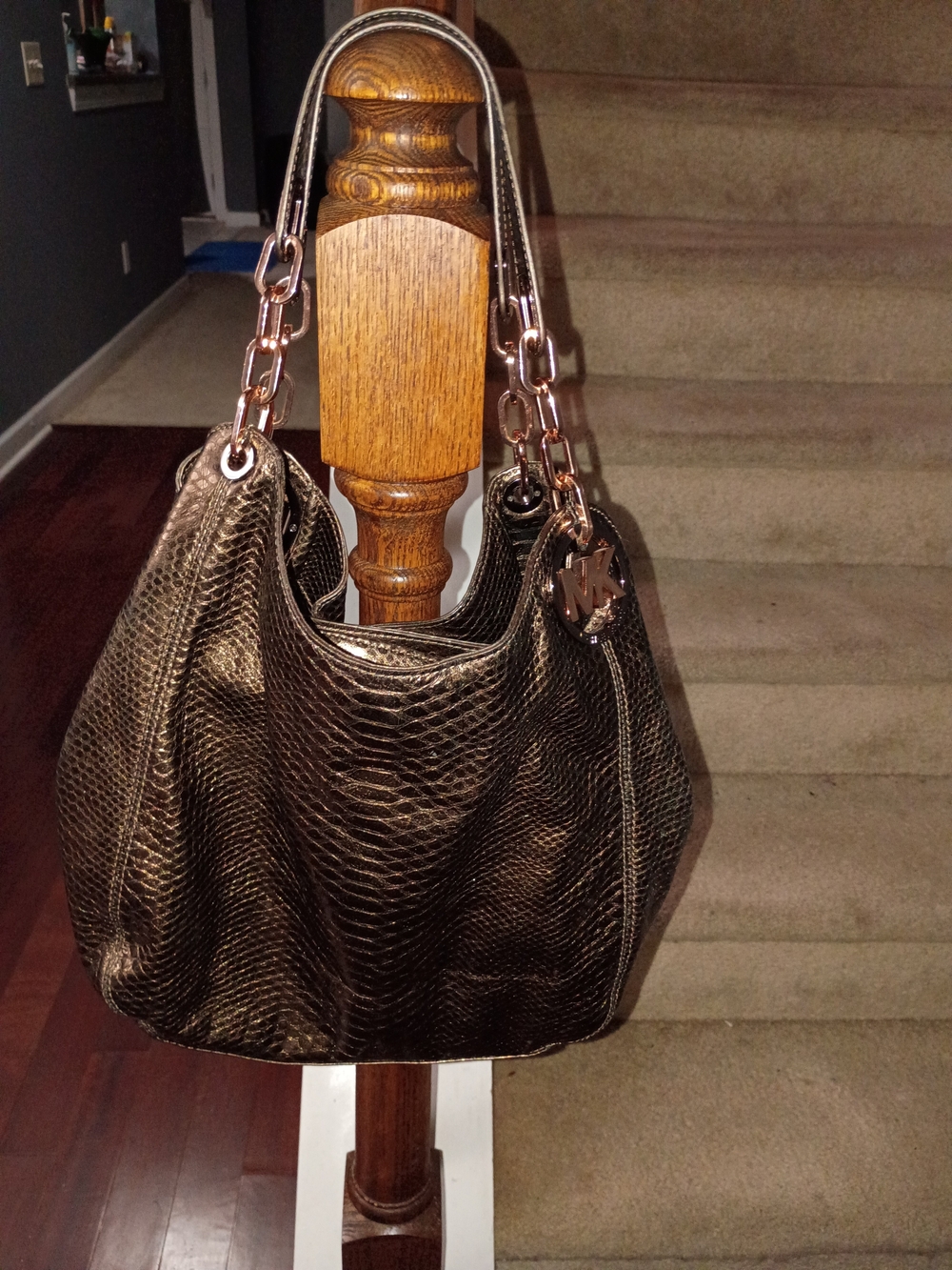 Michael Kors Metallic Bronze Snake-Texture Hobo with Chain Strap
